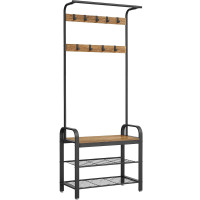 VASAGLE Cuier pentru haine, cu banc de depozitare a pantofilor, cu 9 carlige detasabile, o sina pentru haine, 34x72x183cm, industrial, nuc rustic si n