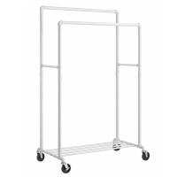 SONGMICS Suport haine cu 2 bare si raft, cu roti, cadru metalic, design industrial, 100x59x162 cm, alb SONGMICS Suport haine cu 2 bare si raft, cu roti, cadru metalic, design industrial, 100x59x162 cm, alb