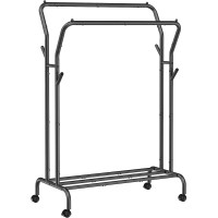 SONGMICS Suport pentru haine pe roti, cu polita, sina dubla, cadru metalic, sarcina 100kg, 53x104x155cm, negru SONGMICS Suport pentru haine pe roti, cu polita, sina dubla, cadru metalic, sarcina 100kg, 53x104x155cm, negru