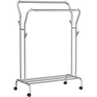 SONGMICS Suport pentru haine pe roti, cu polita, sina dubla, cadru metalic, sarcina 100kg, 53x104x155cm, inox argintiu SONGMICS Suport pentru haine pe roti, cu polita, sina dubla, cadru metalic, sarcina 100kg, 53x104x155cm, inox argintiu