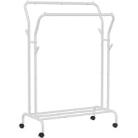 SONGMICS Suport pentru haine pe roti, cu polita, sina dubla, cadru metalic, sarcina 100kg, 53x104x155cm, alb SONGMICS Suport pentru haine pe roti, cu polita, sina dubla, cadru metalic, sarcina 100kg, 53x104x155cm, alb