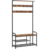 VASAGLE Cuier pentru hol cu banca si suport pantofi, stil industrial, 84x34x183 cm, maro rustic