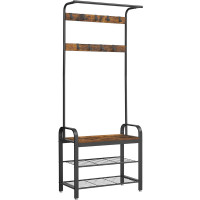 VASAGLE Cuier pentru haine, cu banc depozitare pantofi, 9 carlige detasabile, sina pentru haine, 34x77x183cm, industrial, maro rustic si negru