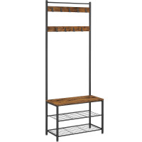 VASAGLE Cuier pentru haine cu banc de depozitare a pantofilor, cadru din otel, 32x70x177cm, industrial, maro rustic si negru