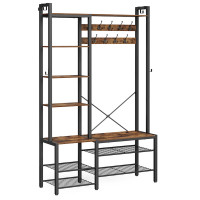 VASAGLE Cuier hol cu banca si raft pantofi, 9 carlige, design industrial, 120x40x190 cm, maro rustic