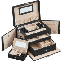 SONGMICS Cutie de bijuterii pe 3 nivele, cu 2 sertare, oglinda, maner, inchidere cu cheie, 18x26x17cm, negru