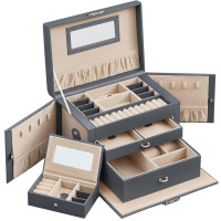 SONGMICS Cutie de bijuterii pe 3 nivele, cu 2 sertare, maner, oglinda, inchidere cu cheie, 18x26x17, gri