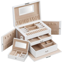 SONGMICS Cutie de bijuterii pe 3 nivele, 2 sertare, maner, inchidere cu cheie, 18x26x17cm, alb