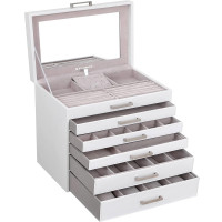 SONGMICS Cutie de bijuterii din MDF cu 6 nivele, 5 sertare, cu oglinda 31x32x22cm, alb