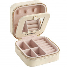 SONGMICS Cutie bijuterii de calatorie Gisella cu oglinda, compartimente pentru inele, cercei si coliere, 11x11x6 cm, bej SONGMICS Cutie bijuterii de calatorie Gisella cu oglinda, compartimente pentru inele, cercei si coliere, 11x11x6 cm, bej