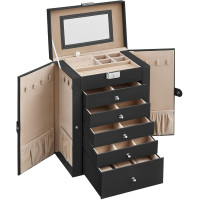 SONGMICS Cutie de bijuterii 6 nivele, 5 sertare, oglinda, suport ceasuri, incuietoare, 16x26x32cm, negru