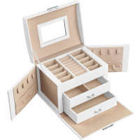 SONGMICS Cutie de bijuterii cu 3 niveluri, oglinda, incuietoare cu maner, 2 sertare, 14x18x14cm, alb