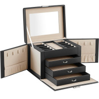 SONGMICS Cutie de bijuterii cu 4 nivele, 3 sertare, oglinda si incuietoare, 18x23x17cm, negru SONGMICS Cutie de bijuterii cu 4 nivele, 3 sertare, oglinda si incuietoare, 18x23x17cm, negru