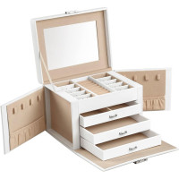 SONGMICS Cutie de bijuterii cu 4 nivele, 3 sertare, oglinda si incuietoare, 18x23x17cm, alb