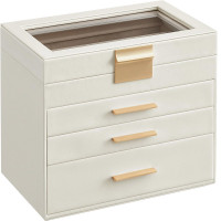 SONGMICS Cutie de bijuterii cu 4 nivele, 3 sertare, capac din sticla, 22x25x15cm, alb si auriu