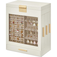 SONGMICS Cutie de bijuterii cu 3 sertare laterale, fereastra si oglinda mare, 16x26x32 cm, alb
