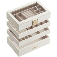 SONGMICS Cutie de bijuterii cu 4 nivele detasabile, MDF si PU, capac sticla, 17x28x18 cm, alb