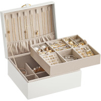 SONGMICS Cutie bijuterii 2 niveluri cu tava detasabila, compartimentata, MDF si catifea, 24x21x11 cm, alb