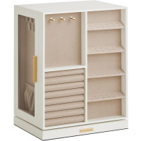 SONGMICS Cutie bijuterii rotativa 360°, cu 5 sertare si ferestre, MDF si catifea, 22x16x29 cm, alb