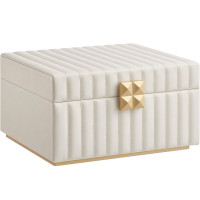 SONGMICS Cutie de bijuterii pe 2 nivele, cu oglinda si tava detasabila, 22x24x14 cm, alb crem