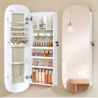 SONGMICS Dulap pentru bijuterii cu oglinda si LED, montare pe perete sau usa, inchidere cu cheie, 42x10x108 cm, alb