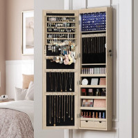 SONGMICS Dulap pentru bijuterii cu oglinda, montare pe perete sau usa, material MDF, inchidere cu cheie, 120x37x10 cm, stejar