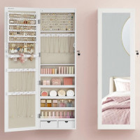 SONGMICS Dulap pentru bijuterii cu oglinda, montare pe perete sau usa, material MDF, inchidere cu cheie, 120x37x10 cm, alb