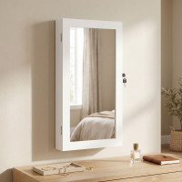 SONGMICS Dulap pentru bijuterii cu oglinda si incuietoare, montare pe perete, MDF si sticla, 55x10x67 cm, alb