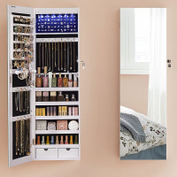 SONGMICS Dulap de bijuterii cu oglinda, montare pe perete, lumini LED, 37x10x120cm, alb SONGMICS Dulap de bijuterii cu oglinda, montare pe perete, lumini LED, 37x10x120cm, alb