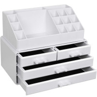 SONGMICS Organizator de cosmetice, cu 4 sertare si 16 compartimente de diferite dimensiuni, 24x14x19cm, alb