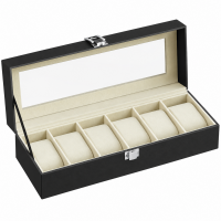SONGMICS Cutie pentru depozitare 6 ceasuri, capac transparent din sticla, interior captusit cu catifea si perne detasabile pentru protectie, exterior