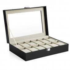 SONGMICS Cutie depozitare ceasuri cu 12 compartimente, capac din sticla, interior catifea, 30x21x9 cm, negru