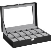 SONGMICS Cutie depozitare si organizare ceasuri, cu 12 locuri, piele sintetica, cu capac de sticla, 20x30x8cm, negru SONGMICS Cutie depozitare si organizare ceasuri, cu 12 locuri, piele sintetica, cu capac de sticla, 20x30x8cm, negru