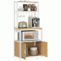 VASAGLE Raft bucatarie cu 4 prize, blat de lucru 90 cm, raft microunde, dulap si carlige, 40x60x170 cm, alb si stejar