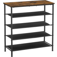 VASAGLE Suport pantofi 75x30x91 cm, 5 niveluri, rafturi textile si blat PAL, cadru metalic, maro rustic si negru