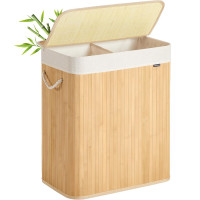 SONGMICS Cos rufe din bambus cu 2 compartimente, sac detasabil, 100 litri, 52x32x61 cm, maro natur