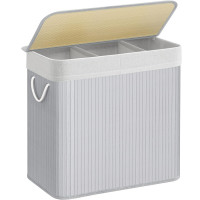 SONGMICS Cos de rufe din bambus, pliabil, cu captuseala detasabila lavabila, 3 compartimente, 150L, 60x40x62cm, gri