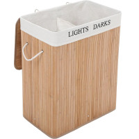 SONGMICS Cos de rufe din bambus cu capac, 2 compartimente, sac detasabil, volum 100L, 52x32x62cm, maro SONGMICS Cos de rufe din bambus cu capac, 2 compartimente, sac detasabil, volum 100L, 52x32x62cm, maro