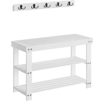 SONGMICS Set multifunctional pentru hol cu banca pentru pantofi si cuier, din bambus, 29x70x45 cm, alb SONGMICS Set multifunctional pentru hol cu banca pentru pantofi si cuier, din bambus, 29x70x45 cm, alb