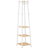 VASAGLE Cuier cu 8 carlige duble, 4 rafturi si bara pentru umerase, cadru metalic, stil industrial, 43x43x180 cm, stejar si alb