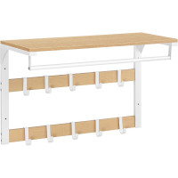 VASAGLE Raft de perete tip cuier, 10 carlige detasabile, sina pentru haine, 30x65x42cm, stejar si alb VASAGLE Raft de perete tip cuier, 10 carlige detasabile, sina pentru haine, 30x65x42cm, stejar si alb