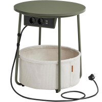 VASAGLE Masuta de cafea rotunda cu cos de stofa, statie de incarcare 2 prize si 2 USB, 45x50cm, verde crem VASAGLE Masuta de cafea rotunda cu cos de stofa, statie de incarcare 2 prize si 2 USB, 45x50cm, verde crem
