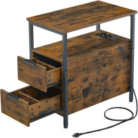 VASAGLE Noptiera 60x35x61 cm, cu 2 sertare, rafturi si priza incorporata, PAL si otel, maro rustic VASAGLE Noptiera 60x35x61 cm, cu 2 sertare, rafturi si priza incorporata, PAL si otel, maro rustic