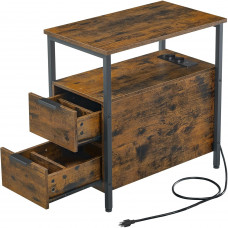 VASAGLE Noptiera 60x35x61 cm, cu 2 sertare, rafturi si priza incorporata, PAL si otel, maro rustic