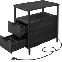 VASAGLE Noptiera 60x35x61 cm, cu 2 sertare, rafturi si priza incorporata, PAL si otel, gri antracit si negru