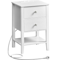 VASAGLE Noptiera din bambus, cu 2 sertare, 2 prize si 2 USB, 35x40x60 cm, alb