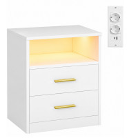 VASAGLE Noptiera moderna cu iluminare LED RGB si statie de incarcare integrata, 2 prize AC si porturi USB, lumina sincronizata cu muzica si control pr