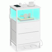 SONGMICS Noptiera cu statie de incarcare si iluminare LED, 2 sertare si raft deschis, control aplicatie, 40x35x60 cm, alb