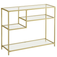 VASAGLE Masa de intrare, cu rafturi asimetrice, blat din sticla securizata, cadru metalic, 35x100x80cm, auriu VASAGLE Masa de intrare, cu rafturi asimetrice, blat din sticla securizata, cadru metalic, 35x100x80cm, auriu
