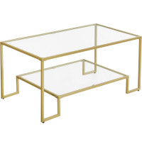 VASAGLE Masuta de cafea cu cadru din otel, suprafata din sticla calita, 100x55x45cm, auriu VASAGLE Masuta de cafea cu cadru din otel, suprafata din sticla calita, 100x55x45cm, auriu